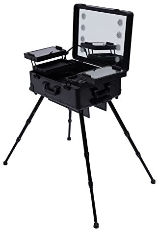 HarBin-Star Mallette de Maquillage Professionnelle à roulettes avec 4 roulettes, lumière LED et Pied de Support, Mallette de Maquillage Professionnelle 3 en 1 verrouillable en Aluminium, Noir