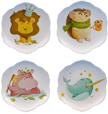Set 4 Piatti, piattini per bambini, in melamina con grafica realizzata da un importante illustratrice Design, produzione e grafica tutta Italiana. Piatti con Animali per bambini