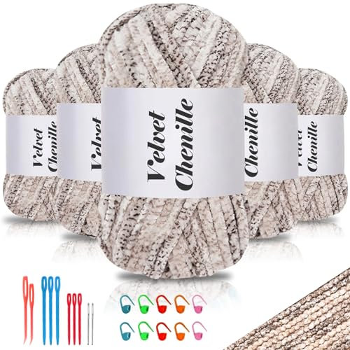 Maxee 500g(5×100g) Samtig Babywolle, Samt Chenille Garn mit Häkelwerkzeuge, Kuschelweich Velvet Chenillegarn Flauschige, Weich Plüschwolle Häkelgarn Wolle zum Stricken & Häkeln