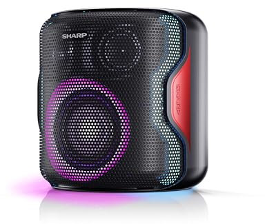 SHARP PS-921(BK) 130W Bluetooth Party Speaker – Deep Bass, LED Lights, 3.5mm Aux-in and USB rechargeable Lithium-ion battery 14H Battery, Indoor/Outdoor Waterproof Portable Party speaker