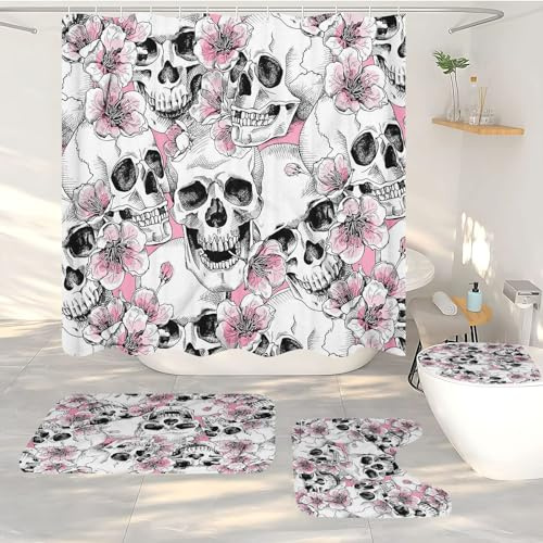 FABTOP Black Skull Shower Curtain 180 x 180 cm, Skull Bathroom Shower Curtain, Flowers Rose Skeleton Halloween Shower Curtains Flowers Skulls Shower Curtain (4.180 x 180 cm)