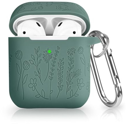 Newseego Custodia con Intaglio di Fiori Compatibile con Cover Airpods 1a e 2a Generazione, Custodia Protettiva Antiurto in Silicone Morbido Airpods 1/2 Cover con Moschettone - Verde