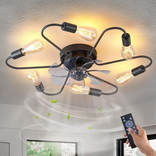 Plafoniera Industriale Ventilatore da Soffitto con Luce e Telecomando E27 6 Luci Lampada da Soffitto Nero in Metallo Vintage Luci Lampadario per Soggiorno Camera da Letto Sala da pranzo Illuminazione