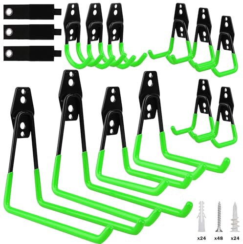 15-Piece Garage Hook Wall Storage Tool, Steel Heavy Duty Bike Hooks, Anti-Slip Utility Hook Hanger, Garden Organizer Wall Mount Assortment, Wood, Brick, Concrete Wall (Green)