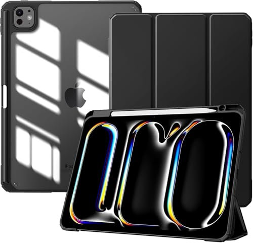 TiMOVO Custodia per iPad Pro 11 Pollici (M4) 2024 con Portapenne, Cover Protettiva per iPad Pro 11 Pollici con Supporto Pieghevole & Retro Trasparente, Auto Sveglia/Sonno, Nero