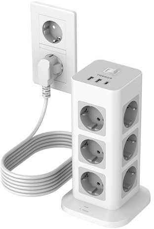 TESSAN 15 en 1 Tour Multiprise 12 Sortie AC avec 3 USB, Parafoudre et Surtension avec Interrupteur, 3600W Prise Multiple avec Rallonge Electrique 5 Mètre, Secteur USB C pour Maison, Bureau, Gris