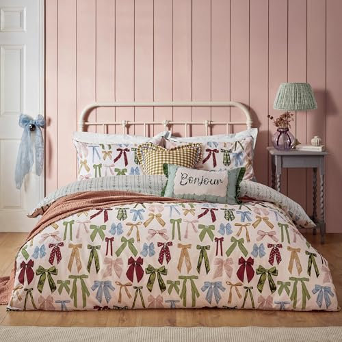 furn. Noortje Bows Duvet Cover Set - Chic Vibes of Parisian Style Reversible Bedding (Silk Pink - Double)