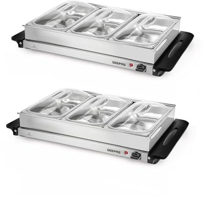 GEEPAS 300W Electric Food Warmer Buffet Server for Table – 3 x 2.4 Litre Stainless Steel Buffet Trays with Lids – Variable Temperature Control & Plate Warmer Function Cool-Touch Handles - Pack of 2
