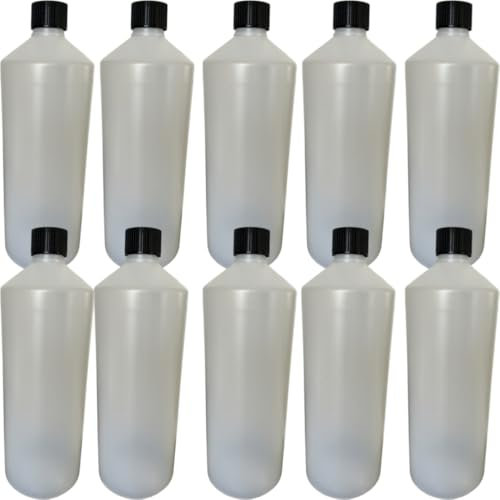 DWChemicals 1000ml (1 Litre) HDPE Plastic Food Grade Bottles, Natural with Black Watertight Wadded Screw Cap 1-5 - 10-20 - 50 (10)