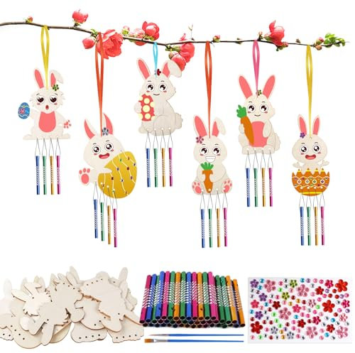 Deepton 12 Stück Ostern Windspiel Bastelset Kinder, Frühling Oster Bastelset, Osterhase Basteln Kindergeburtstag, Osterbasteln zum Bemalen Holz, Basteln Ostern Kinder ab 3 4 6 8 Jahre DIY Osterndeko