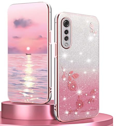 BORYA Silicone Case for LG Velvet 5G, Shockproof Ultra Thin Soft TPU Case, Elegant Electroplated Anti-Drop Shiny Diamond Flowers Cover with Gradient Card, Pink