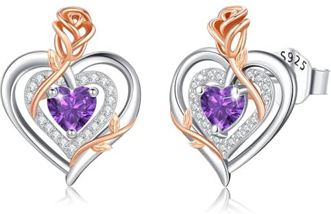 LAVUMO Ohrringe Silber 925, Hypoallergene Rosen Herz Ohrringe Damen,5A Zirkon Geburtsstein Schmuck Ideal Geschenke für Frauen Frau Mutter Weihnachten Valentinstag Geburtstag Muttertag Jubiläums
