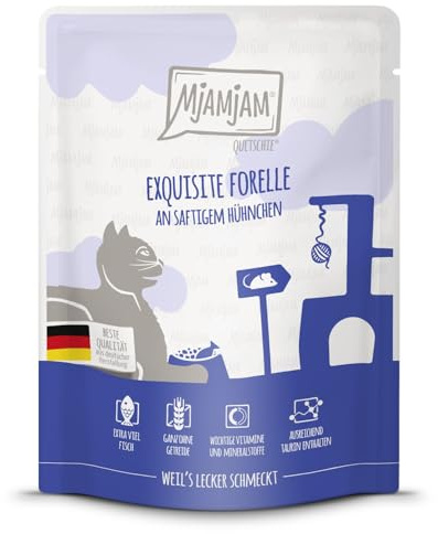 MjAMjAM - Premium Nassfutter für Katzen - Quetschie - Exquisite Forelle an saftigem Hühnchen, 1er Pack (1x300g), getreidefrei