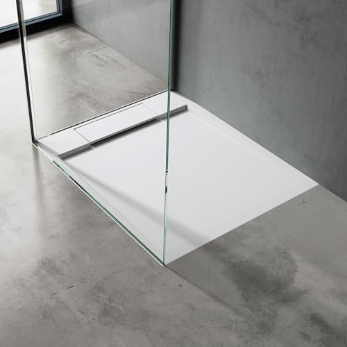 doporro Receveur de Douche Design Ultra Plat 4 cm Bac à Douche Rectangulaire en Solid Surface Blanc Mat Geoma04 70x80x4 cm avec Bonde
