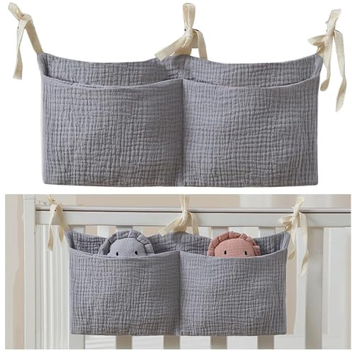Babybett Organizer,Baby Kinderzimmer Organizer,Kinderzimmer Hängender Bett Organizer,Betttasche Spielzeugtasche zubehör Organizer Beistellbett Baby Für Betten Windeln Kleidung Spielzeug (Grau)