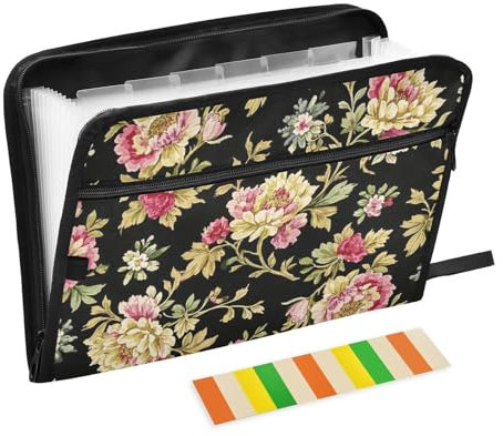 Anpassbare Schnellhefter mit 13 Taschen, A4, Briefgröße mit Reißverschluss, für Büro, Schule, Barockstil, Retro, Beige, Blumen, Carpetas de