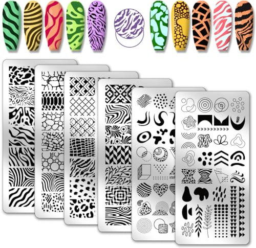 PH PandaHall 6pcs Nail Stamp Plate Set Leopard Print Nail Art Stamping Plate Tree Texture Nail Art Stencils Stainless Steel Line Pattern Nail Image Plate for Women DIY Printing 12x6cm