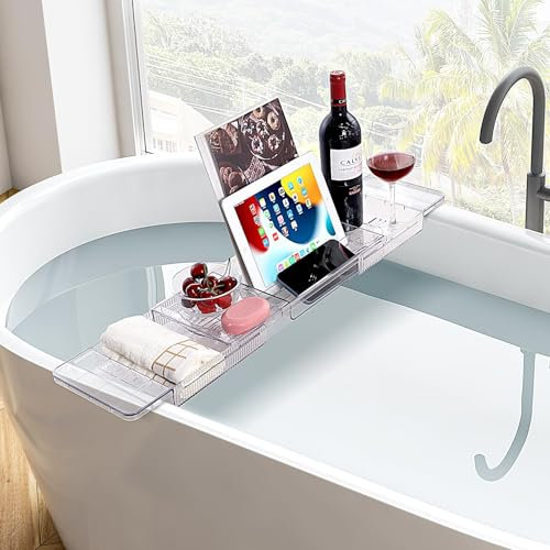 Badewannenablage aus Acryl, Verstellbares Badewannenbrett, Badewannentablett für Ipad und Bücher, Badewannen Ablagen, Badewanne Ablagebrett, Badezubehör Platz für Handtücher,Transparente Farbe