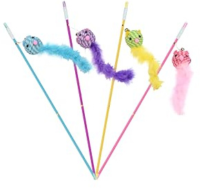 Generisch Katzenangel mit Maus-Figur, Feder, Glocke - Lang geschnürter Stab, 4 Farben: Blau, Gelb, Lila, Pink | Robuste Feder-Optionen, langlebige Schnüre | Katzenspielzeug Interaktiv (Pink)
