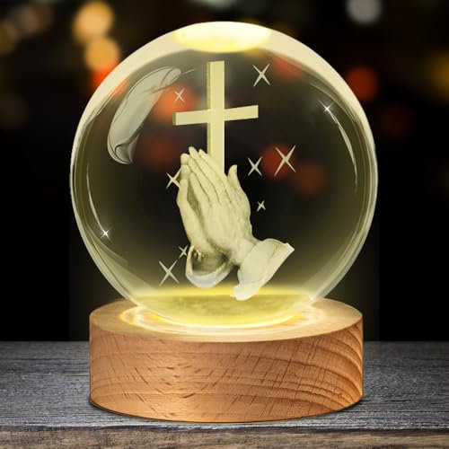 SGZIOO 3D Kristallkugel Nachtlicht, LED Glaskugel Lampe mit Jesus-Kreuz-Statue Gravierte Holzsockel, USB Glaskugel mit Licht, Beleuchtete Glaskugel für Souvenirs Inneneinrichtung Religiöse Geschenk