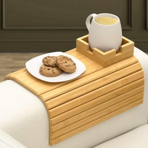 COZHYESS Sofa Arm Tray, Foldable Anti-Slip Bamboo Couch Armrest Holder, Sofa Tray & Organiser for Drinks, Snack, Magazine, and Remote Square Couch Protector Holder with Non-Slip Backing