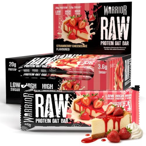 Warrior RAW Protein Bars 12 x 75g High Protein Oat Flapjack Snack | 20g Protein Per Bar, Low Sugar, High Fibre, Oat Flapjack, Protein Snacks, Meal Replacement Bars (Strawberry Cheesecake)