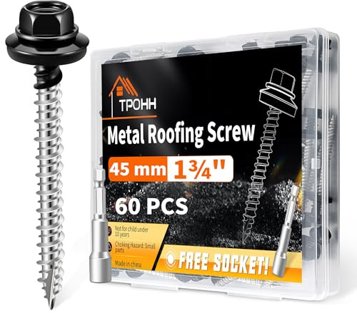 60 Vis de Toiture 4,8 x 45 mm Noir Hexagonales EPDM pour Bac Acier – TPOHH | Embout inclus. Résistance renforcée à la corrosion pour usage extérieur.
