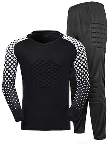 AIGOUT Kids Boys Children's Football Goalkeeper Kit Thickened Protective Long-Sleeved Top and Trousers with Padded Waistband Football Training Kit (Black, 11-12 Years)