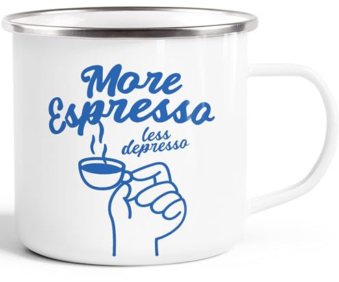 MoonWorks® Emaille Tasse mit Kaffee Spruch – More Espresso less Depresso – Camping- & Outdoor-Tasse für Koffeinjunkies Weiss-silber standard