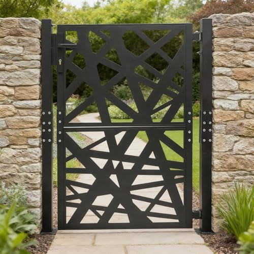 ROMYIX Gartentor Metall 105x125cm Eisentor mit Seitenteilen & Schloss, Sicherheitstor für Garten, Einfahrt & Hof, Zauntor aus Stahl, 180° Öffnung, Rostschutz (Schwarz)