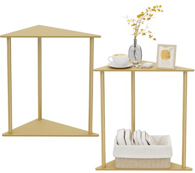 Yawinhe Dreieckiger Beistelltisch,2er Set Metall Klein Couchtisch,Golden | Mobiler Kaffeetisch 2 Ebenen;48 cm Höhe Wohnzimmertisch für kleine Räume; Nachttisch für Schlafzimmer für Ecken
