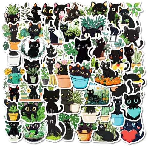 50 Stück Katzen und Pflanzen Aufkleber, Niedliche Wasserdicht Katzen Aufkleber, Cartoon Kawaii Laptop Katzen Vinyl Stickers für Skateboard Fahrrad Moped Motorrad Scrapbooking（Schwarze ）
