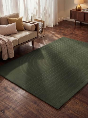 vikosa Arcura - Handgetufteter Wollteppich, Natur Wohnzimmerteppich, Hoch-Tief-Effekt, moderner 3D-Effekt, weich mit geometrischen lineare Design für Wohnzimmer, Schlafzimmer - Grün, 80x150cm