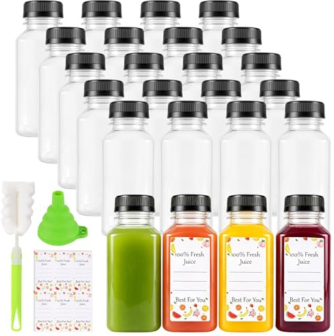 UNGFEI 24 Pack Plastic Juice Bottles with Black Lids - 250ml/8oz Clear Reusable Beverage Containers for Drinks, Smoothies, Milk