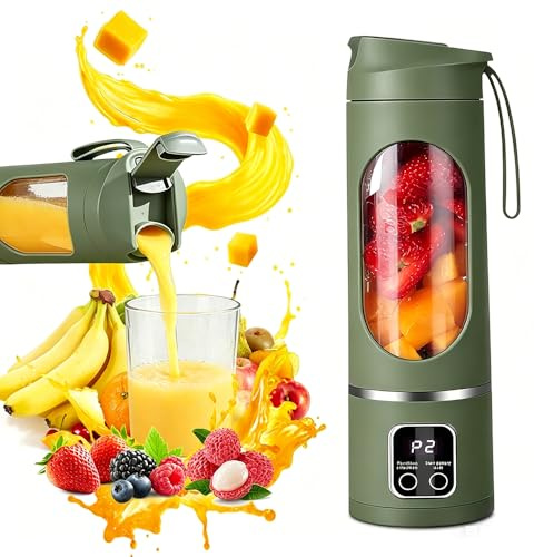 Batidora de Vaso Portatil, 450ML Blender Smoothie Maker, Batidora Portatil con 12 Cuchillas Pantalla LED, 1500mAh Licuadora Recargable por USB, Licuadora portatil para Cocina Viajes (Verde militar)