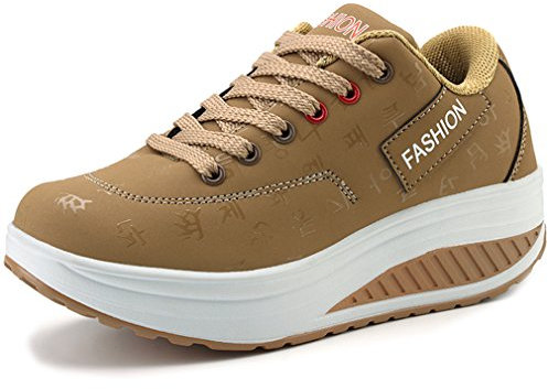 Solshine Damen Fashion Plateau Schnürer Sneakers Dämpfung Keilabsatz Fitnessschuhe 016 Khaki 40EU