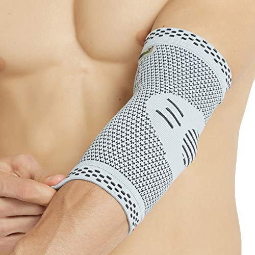 NEOtech Care Ellenbogenbandage - Bambusfaser & 3D-Strickgewebe - elastisch & atmungsaktiv - für Golf, Tennis, Sport - rechter oder linker Arm (Grau, 1 Einheit, Größe M)
