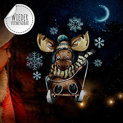 ilka parey wandtattoo-welt Fensterbilder Weihnachten Fensterbild Elch Schlitten Schneeflocken wiederverwendbar Fensterdeko Winter Kinder bf87 - ausgewählte Größe: *3. Elch auf Schlitten*