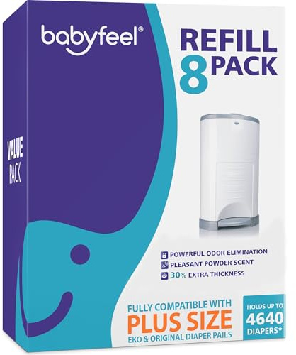 Babyfeel Nachfüllpackungen für DEKOR PLUS Windeleimer, 8 Stück, exklusive 30% extra Dicke, frischer Pulverduft, hält bis zu 4640 Windeln