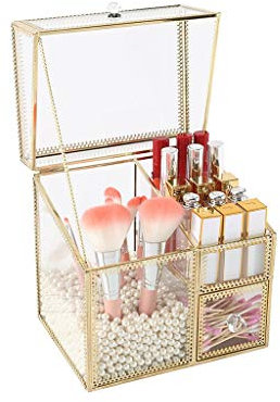 JSY Boîte de rangement en verre avec bord en cuivre pour pinceaux de maquillage et rouges à lèvres a
