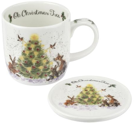 Royal Worcester Oh Christmas Tree Mug & Coaster Set - 11 oz Fine Bone China Holiday Mug Set with Woodland Creatures - Wrendale Designs Christmas Coffee Mugs, Microwave & Dishwasher Safe