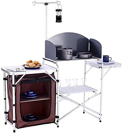 Muebles de Cocina para Camping Mesa De Cocina Plegable Portátil Al Aire Libre para Campo, Armario Móvil Portátil para Exteriores con Parabrisas, con Poste De Luz, 146X46X80CM