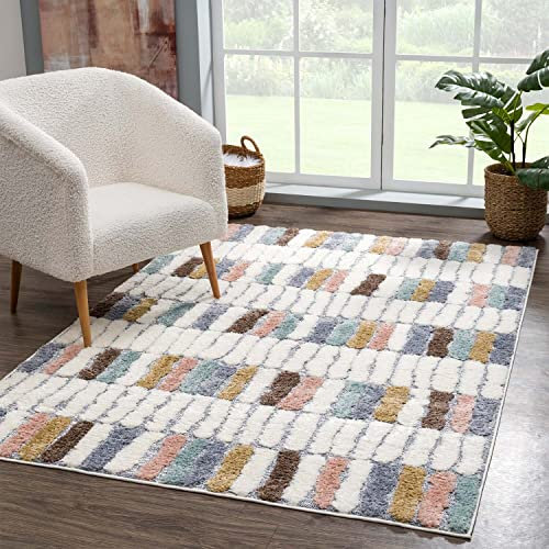 carpet city Teppich Hochflor Wohnzimmer - 140x200 cm - Modern Geo-Muster Mehrfarbig - Cut-Loop, Hochtief, 3D-Effekt - Shaggy Teppiche Flauschig-Weich Schlafzimmer Langflor