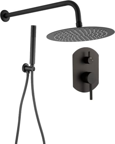 VALAZ Douche Encastrable | Mitigeur Douche 2 voies, Pulvérisateur Effet Pluie | Installation Murale Facile et Rapide | Inoxydable, Ronde, Pulvérisateur 25 cm, Garniture Ovale, Noir Mat, Série Duero