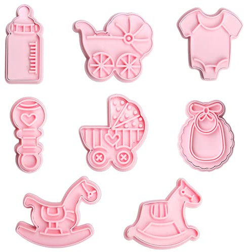Moldes de galletas para fiesta de bebé, juego de 8 piezas, moldes para cochecito de bebé, babero de plástico 3D Bayby Shower, moldes para galletas, sello de galletas.
