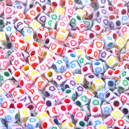 400 Stück Acrylperlen Set Würfel 6mm Weiß Perlen mit Bunte Herzen, Blume, Mond Sterne Motive Schmuckperlen zum Auffädeln Bastelperlen mit 3mm Loch