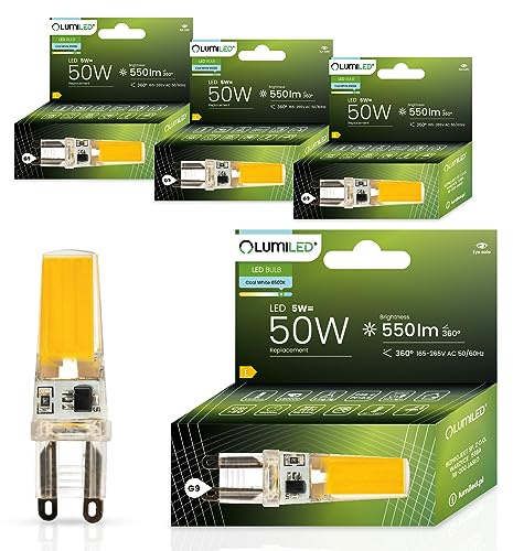 Lumiled LED Lampen G9 4er Set Leuchtmittel 5W (ersetzt 50W Glühlampe) 6500K Kaltweiß 550lm 360° Lichtwinkel 230V Glühbirnen kleine Birne Energiesparende kein Flackern COB Lichtquelle