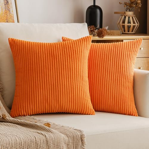 EMEMA Kissenbezug 50x50 cm Herbst Kordsamt Kissenbezüge Dekokissen Sofakissen Cord Kissenhülle Zierkissenbezug Kord Dekorative Weiche für Sofa Wohnzimmer Schlafzimmer 2er Set Orange