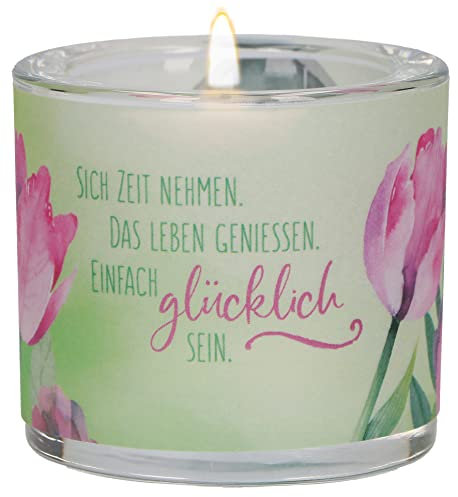 Butzon & Bercker Lichtmomente Windlicht Glücklich Sein - Teelichthalter mundgeblasen inkl. Teelicht und Geschenkverpackung - christliches Geschenk mit Spruch