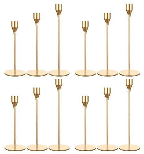 Set of 12 Gold Candle Holders, Metal Candle Holder Tapers Fit 3/4 Inch Pillar Candles, Elegant Decor for Dining, Dating, Party, Anniversary,Candlelight Dinner